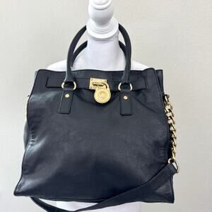 Michael Kors Womens Hamilton Satchel Handbag Leather Goldtone Lock Classic Black